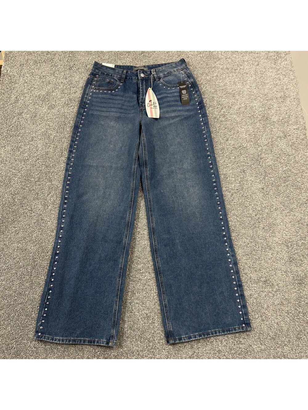 Cali 1850 Womens Rhinestone Studded Wide Leg Jeans Medium Wash Blue Size 9 NWT
